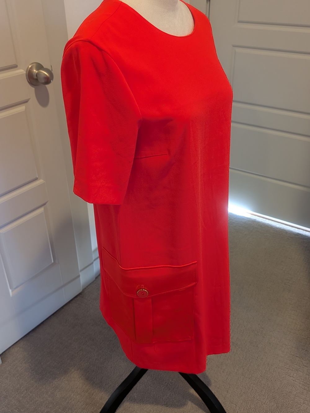 DKNY Red Short Sleeve Shift Dress with Pocket Ring Detail